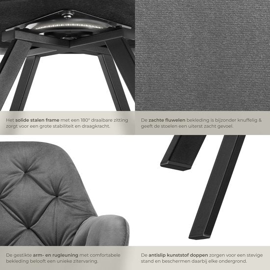 tectake® - Chaise pivotante en velours - Chaise de salle à manger avec accoudoirs - Assise et dossier ergonomiques - Pivotant à 180 degrés - Chaise moderne avec pieds en acier - Diverses couleurs - Anthracite