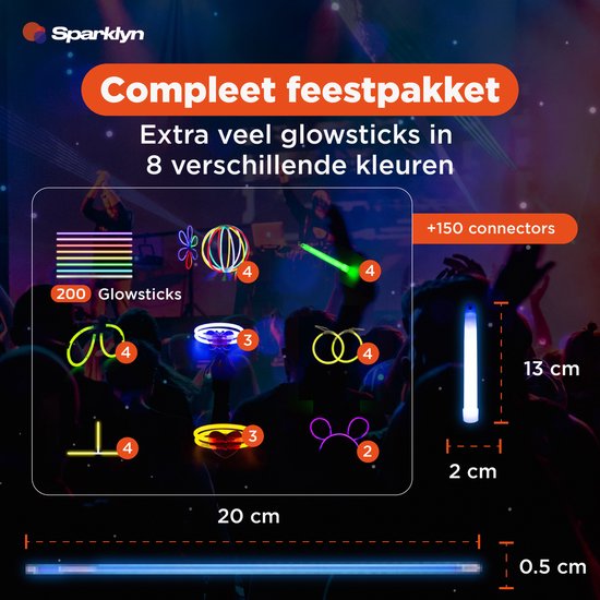 Sparklyn XXL Glow in the Dark Stick Set - 380pcs Glowsticks with accessories - Breaking sticks - Neon Party