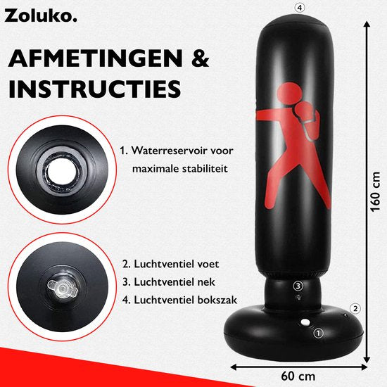 Zoluko sac de boxe gonflable sur pied - Gants de boxe, pompe à pied et livre électronique inclus - Intérieur et extérieur - Pour adultes et enfants - sac de boxe sur pied - sac de boxe sur pied - ballon de boxe sur pied - set de boxe pour enfants - bâton
