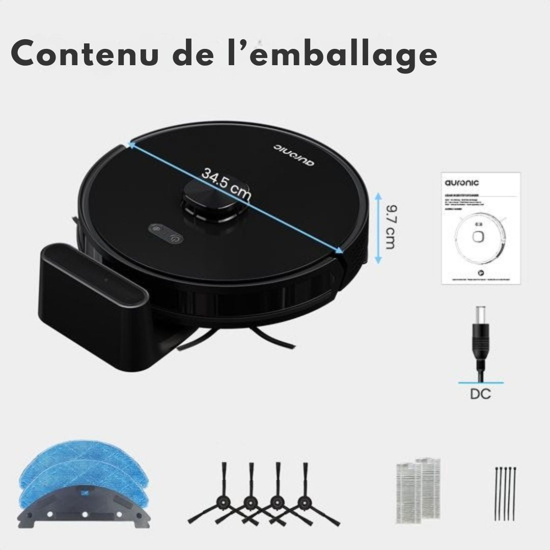 Robot Aspirateur Auronic - Avec fonction balayage - WiFi et App - Station de charge - Animaux domestiques - Navigation laser - Noir