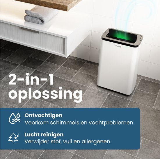 Déshumidificateur et purificateur d'air Auronic - Compact Pro Plus - 24L - Chambre à coucher, salle de bain, salon et bureau - Détecteur d'humidité pour l'intérieur - Blanc
