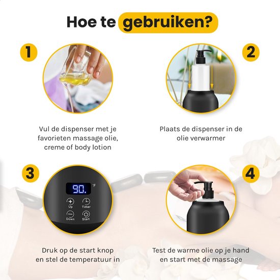 Bolusso Black Massage Oil Heater - Chauffe-huile de massage 30 à 65 degrés - Guasha - Appareil de massage - Comprend 2 distributeurs et un outil de massage - Chauffe-bouteille électrique - Huile de massage érotique