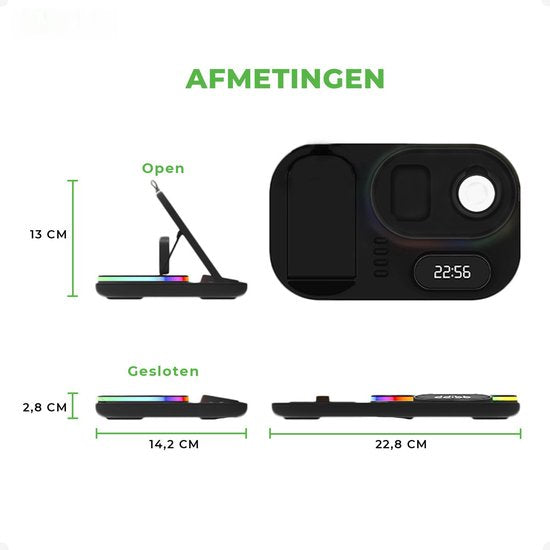 iSetchi Wireless Qi Charger 15 Watt Fast Charger (4-in-1) - Avec adaptateur Quick Charge 3.0, horloge LED et lampe LED - Station de charge Qi
