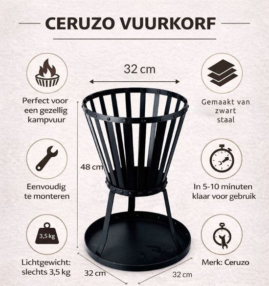 Ceruzo Panier à feu - 48 cm de haut - Acier - Ø32 cm- Noir - Plaque de fond