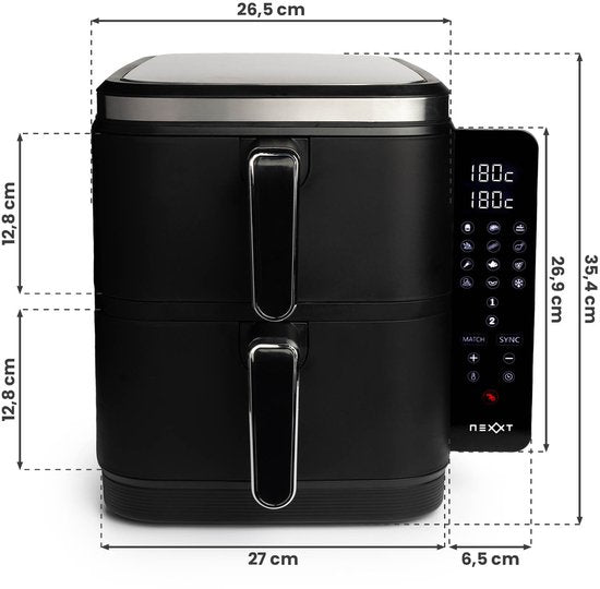Nexxt - Double Airfryer empilé - Capacité 11 l - Noir et acier inoxydable - 12 programmes de cuisson - Modèle empilé - Gain de place et double tiroir