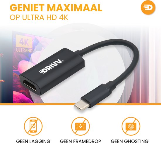 Drivv. Adaptateur USB C vers HDMI - Supporte 4K 60Hz - Type C vers HDMI - Thunderbolt 3 - Noir