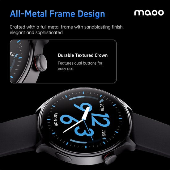 Maoo GTR Series 2 Smartwatch Homme - Acier inoxydable et bracelet TPU - Podomètre - Moniteur de fréquence cardiaque - Moniteur de sommeil - Multisport - Convient à Android et iOS - Noir