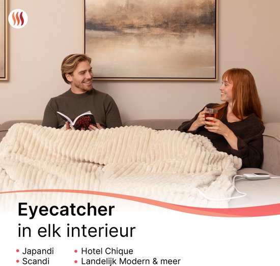Seranova Couverture électrique XXL - Fils chauffants supplémentaires - Modèle rayé - 180x160 cm - Couverture chauffante pour 2 personnes - Polaire double face - Beige