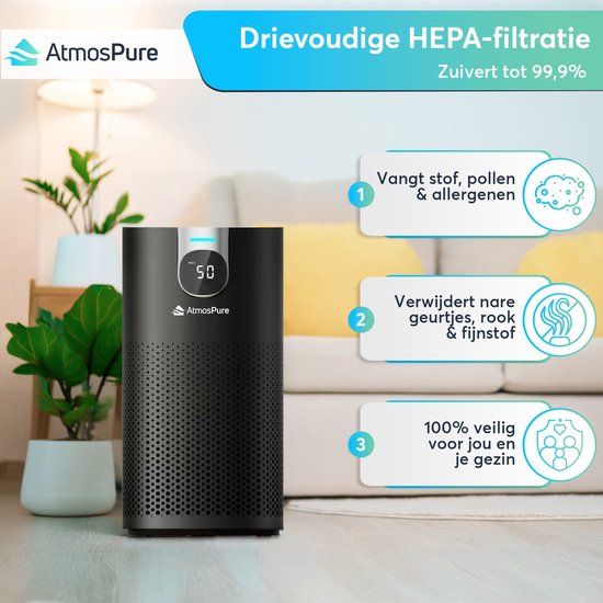 AtmosPure® CleanAir Air Purifier - Purificateur d'air avec filtre HEPA 13 + filtre à charbon remplaçable - CADR 250 m³/h - Noir - Pour 98 m² - Lutte contre les acariens, le rhume des foins, les allergies, -3 modes + mode sommeil silencieux - Capteur de qu