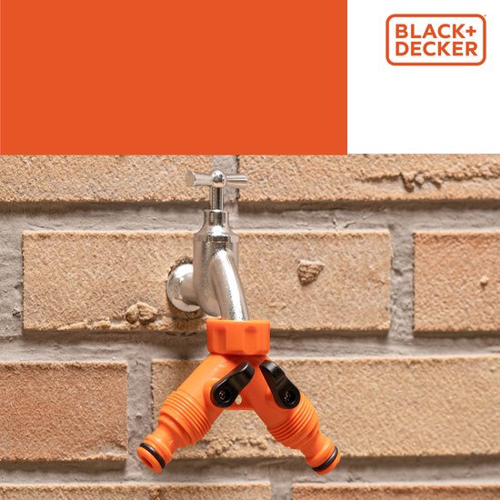 BLACK+DECKER Double Tap Fitting Garden Hose - Raccord pour tuyau d'arrosage - Raccords de robinet 3/4" - Butée d'eau intégrée - Régulation du débit d'eau - Plastique - Orange/Noir