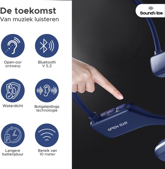 Soundvibe® Bone Conduction Headphones Blue - Casque de sport - Ecouteurs de sport - Ecouteurs sans fil - Résistant à l'eau - Carte mémoire interne de 8 Go - Casque de sport - Pour tous les téléphones et ordinateurs portables - Ecouteurs de course - Ecoute