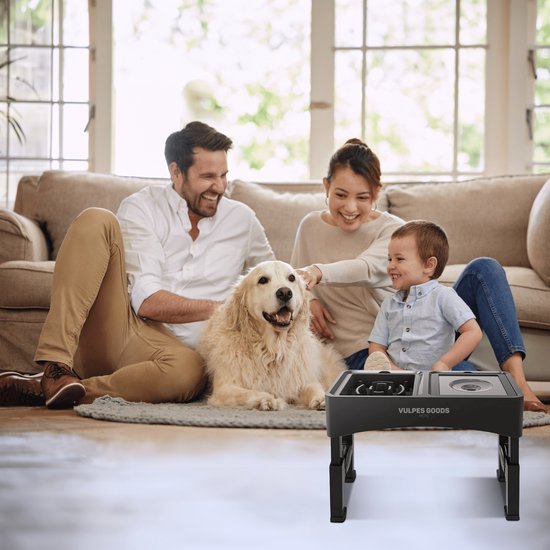 Vulpes Goods® Pets - Bol à nourriture pour chien avec support - Bol à boire pour chien anti-éclaboussures - Bol anti-mâchouillement pour chien - Bol à nourriture surélevé - 4 hauteurs - Mangeur lent - Double - Noir