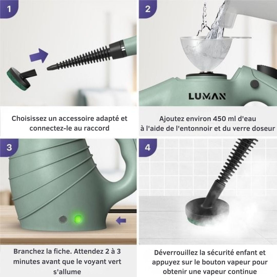Nettoyeur vapeur portatif - LUMAN - Nettoyeur vapeur à main - 16 en 1 - Détachant - 1050 Watts - 450 ML - Vert