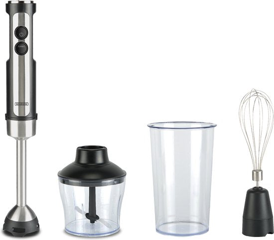 Mixeur plongeant Bourgini - 4 pièces Mixeur plongeant puissant en acier inoxydable - 20 vitesses - Fouet - Hachoir 600ml - Gobelet de mesure 800ml - 1500W