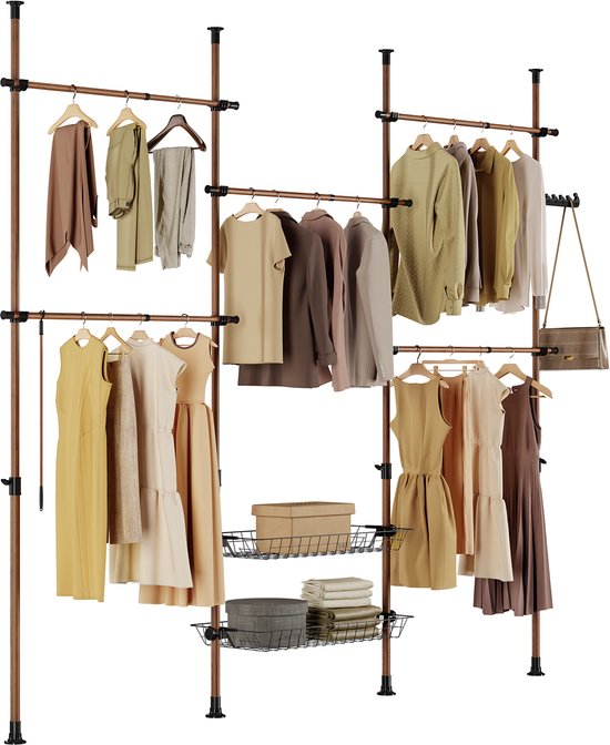 SoBuy Penderie télescopique - Penderie ouverte réglable avec tringles à vêtements et étagères - Marron, L(209-311) x H(200-295) cm, KLS04-II-BR, pour Chambre à coucher, Walk-in Closet