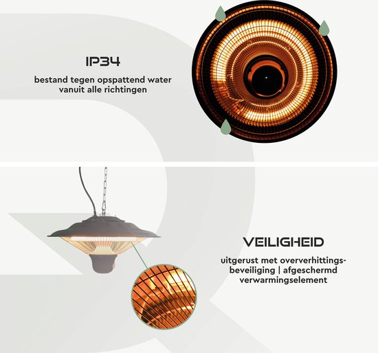 BRASQ Electric Terrace Heater Pendant PHC100 - Chauffage infrarouge 1500W - avec télécommande - 3 niveaux de chaleur - Pour l'intérieur et l'extérieur - Résistant aux éclaboussures - Noir