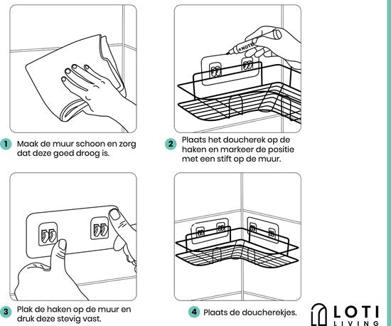 Loti Living Support de douche sans perçage - Forme d'angle - 2 pièces - Support de douche suspendu - Support de douche sans perçage - Support de douche 2 pièces - Support de douche noir - Support de douche sur mur de douche - Bande adhésive