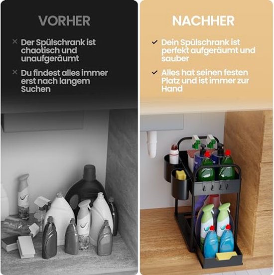 HELDENWERK Etagère d'évier pour meuble bas d'évier, réglable en hauteur sur 2 niveaux en noir, rangement de cuisine, meuble bas, étagère à épices, rangement de meuble bas d'évier