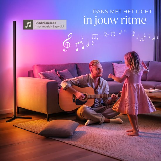tectake® Smart LED Floor Lamp Spectra - Lampe d'angle avec 16 millions de couleurs - 200 effets lumineux - Lampadaire intelligent - 145 cm - Dimmable - Contrôlé par App, Télécommande, Bouton et Voix - Lampadaire de salon - Atmosphere Lighting
