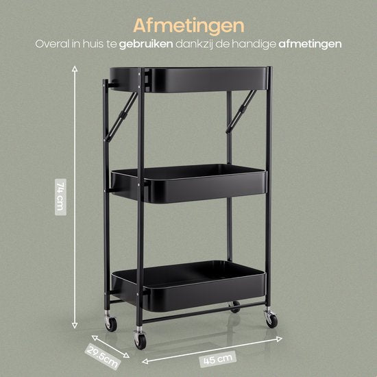 O'DADDY® Kitchen Trolley Collapsible - 3 Layers - Serviteur sur roues - Chariot de cuisine - Table roulante - Chariot de rangement - Chariot de rangement - Support de cuisine - Noir