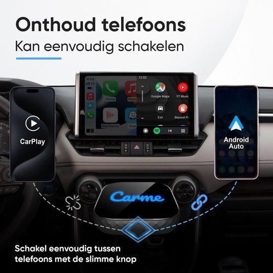 CarMe Premium 2-in-1 CarPlay Dongle - Wireless CarPlay & Android Auto - USB-A & USB-C - Android Auto Dongle - Noir