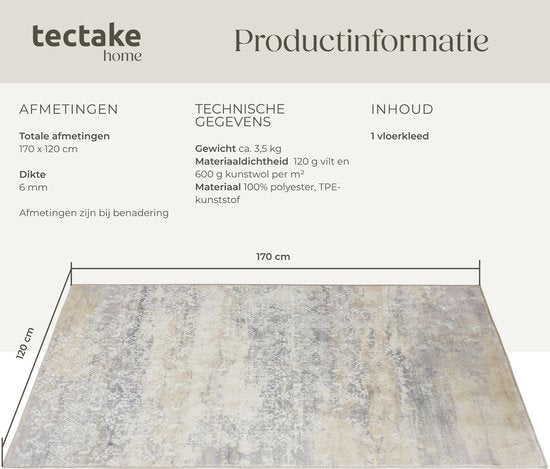 tectake® Tapis design vintage - Dalia - Tapis à poils ras pour le salon, la chambre d'enfant, la chambre à coucher ou le couloir - Lavable - Taille div. - 120x170cm - beige
