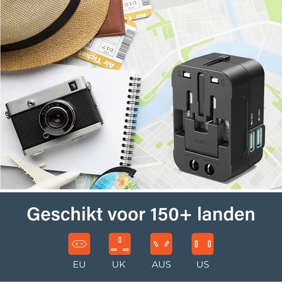 Universal World Plug 150+ Countries - International - Conversion - Travel plug - Adaptateur - Pour l'Amérique, l'Amérique du Sud, l'Angleterre (UK), l'Asie, l'Europe, l'Afrique, l'Italie, la Thaïlande, Curaçao - 2x USB-C et 2x USB-A - Type G, Léger - Skoo