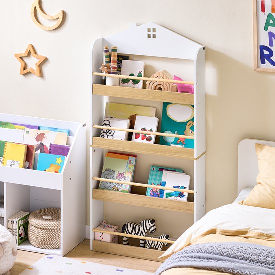 SoBuy KMB121-WN Bibliothèque pour enfants, 4 niveaux, meubles, jouets, bibliothèque, meuble de rangement, étagère, chambre, blanc/naturel, 60 x 15 x 130,5 cm