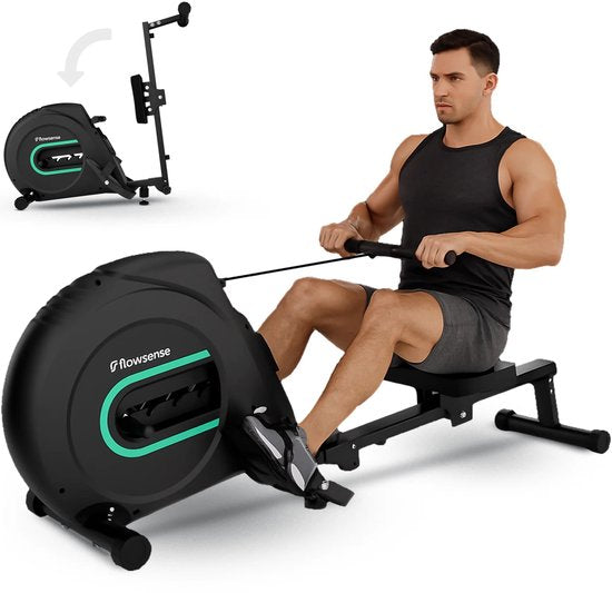 Rameur Flowsense Elvora Lite - pliable - Résistance élastique - Affichage LCD - Silencieux et compact - Pour utilisateurs jusqu'à 200 cm / 115 kg - noir