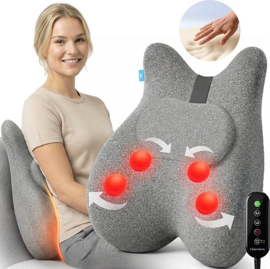 Lifeproducts Coussin de massage avec mousse à mémoire de forme - Appareil de massage du cou - Appareil de massage du dos - Massage du cou et du dos - Appareil de massage du cou Shiatsu avec fonction chaleur