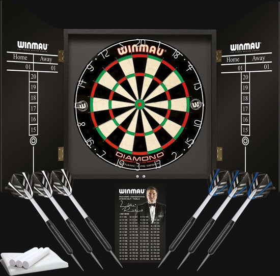 WINMAU - Jeu de fléchettes professionnel avec plateau de fléchettes Diamond Plus Bristle, cabinet noir, avec 2 jeux de fléchettes et ligne d'oche officielle