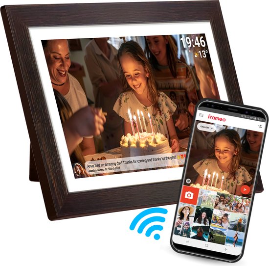 Cadre photo numérique Denver 15,6 pouces - Bois - XL - Full HD - Frameo App - Cadre photo - WiFi - 16GB - IPS Touchscreen - PFF1543DW