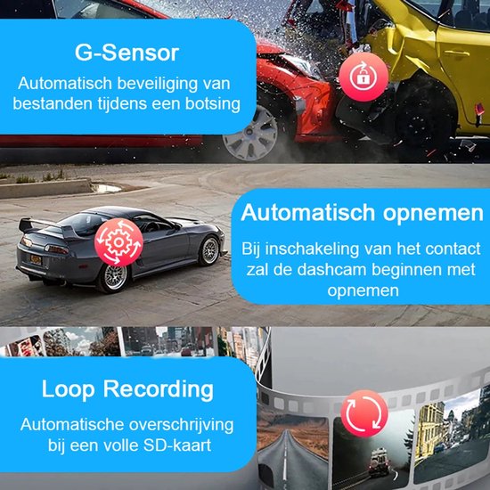 Tech Essentials® Dual Dashcam S1-Wifi pour voiture - Avec caméra arrière universelle - Full HD - Avec carte Micro SD 64GB - Avec vision nocturne - APP | Avant et arrière
