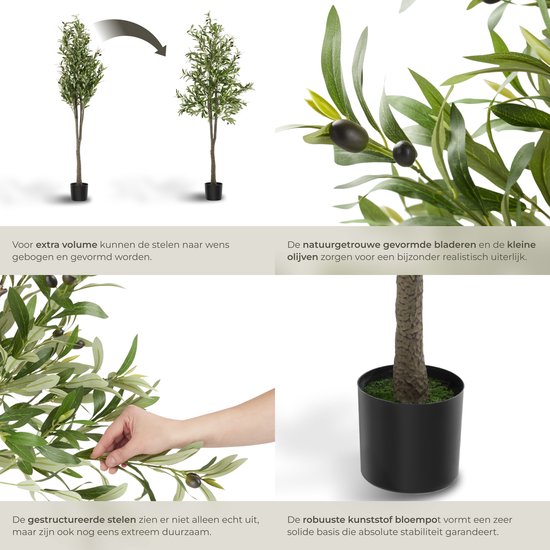 tectake® Olivier artificiel Oleand - Plante artificielle méditerranéenne avec feuilles et olives réalistes - Facile d'entretien et polyvalent - Pot de fleurs robuste inclus - Hauteur : 180 cm