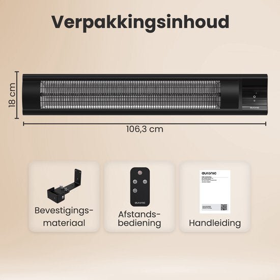 Auronic Chauffage de terrasse - XL - Chauffage infrarouge - Électrique - 25m2 - 3000W - Télécommande - 9 niveaux - Noir