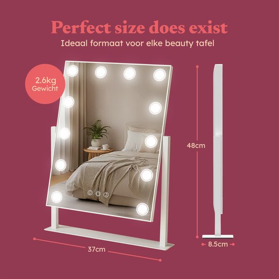 Fraay® Hollywood Mirror with Lighting 41x30cm - 3 Light Stages - Make-up Mirror with 10x Magnification Mirror - LED Spot Lighting Dimmable - Incl. Beauty Blenders and Powder puff