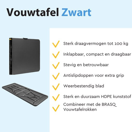 BRASQ Table pliante pliable noire - 180x70x74cm- Table de camping - Table pliante - Résistante aux intempéries - Table avec poignée de transport