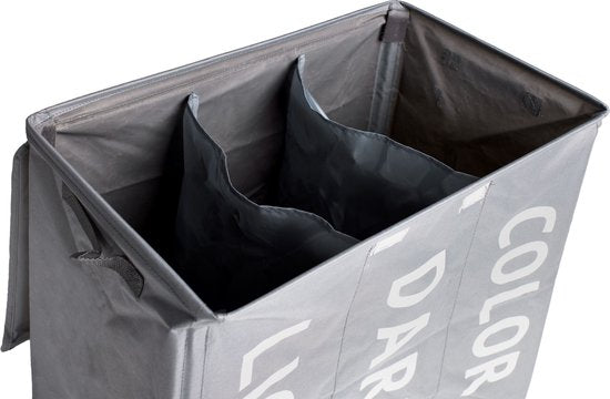 Panier à linge Shine XL avec 3 compartiments pour le linge clair, foncé et de couleur - Avec poignées de transport et 4 roues - Durable - Capacité 120 litres - Gris