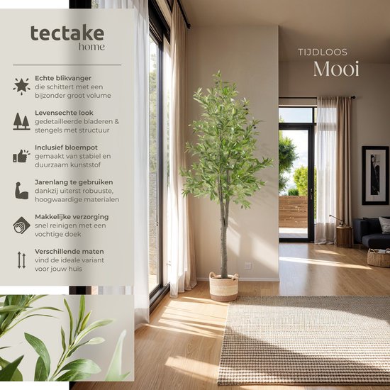tectake® Olivier artificiel Oleand - Plante artificielle méditerranéenne avec feuilles et olives réalistes - Facile d'entretien et polyvalent - Pot de fleurs robuste inclus - Hauteur : 180 cm