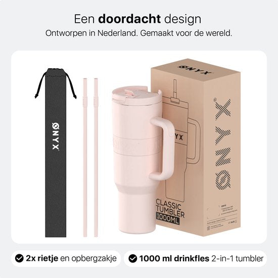 ONYX Bouteille à boire avec paille 1 litre - Bouteille d'eau pour enfants et adultes - Mug Thermos Mug de voyage en acier inoxydable - Buvette de motivation - Tasse à boire pour l'école - Rose bonbon