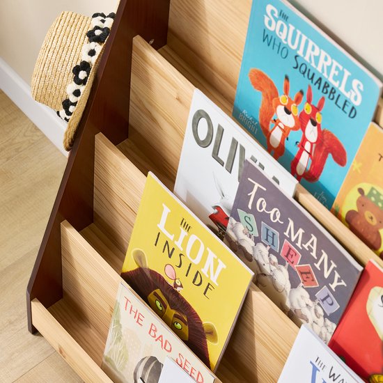 SoBuy KMB32-N Bibliothèque pour enfants, jouets, bibliothèque, 4 niveaux, avec 2 crochets, étagère à livres, meuble de rangement, chambre, bureau, salon, nature, 91 x 30 x 89 cm