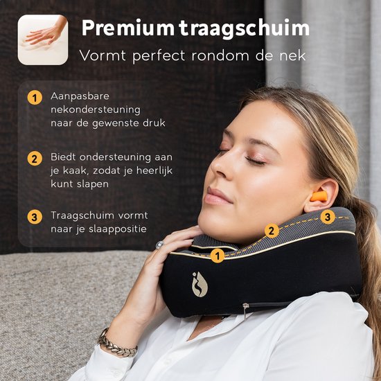 TRAVARA Oreiller de cou - Oreiller de voyage - Pour l'avion - La voiture - Mousse à mémoire de forme - Avec bouchons d'oreille - Noir