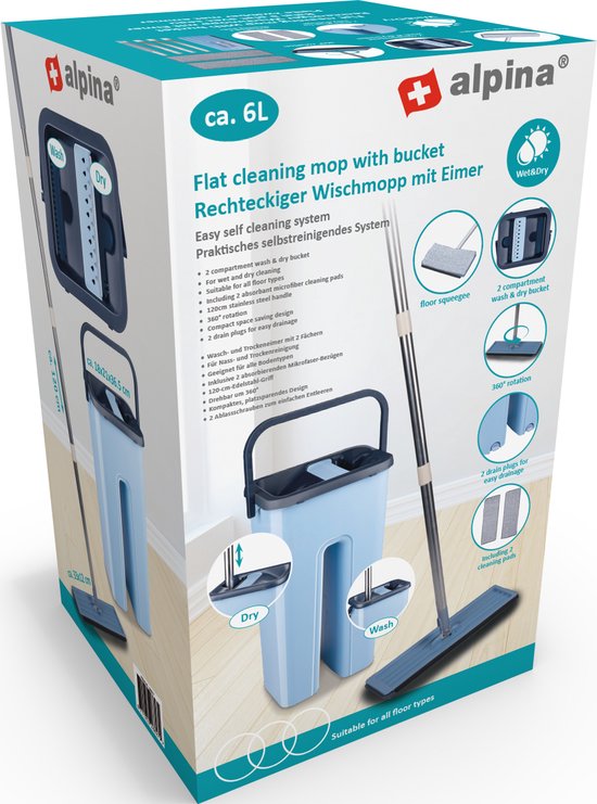 alpina mopping system with bucket - mop incl. 2 microfibre cloths - for hard floors - 360° rotation