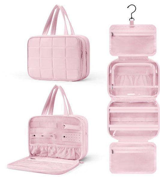 Skycases Travel Essentials Toiletry Bag - Organisateur de maquillage et porte-bijoux suspendus - Imperméable et compact - Idéal pour le voyage et l'usage quotidien - Rose