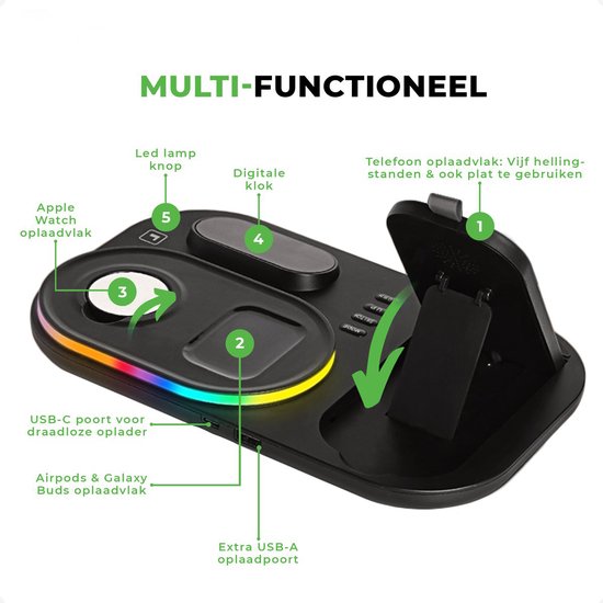 iSetchi Wireless Qi Charger 15 Watt Fast Charger (4-in-1) - Avec adaptateur Quick Charge 3.0, horloge LED et lampe LED - Station de charge Qi