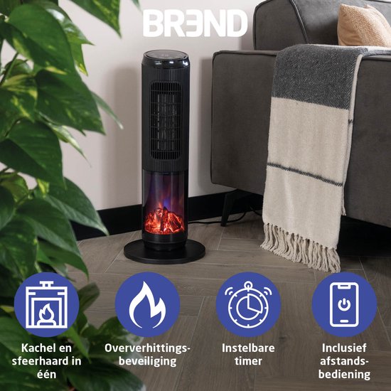 BREND BR-2222 Réchaud électrique avec chauffage d'ambiance et thermostat 18-45 °C - Réchaud à ventilateur en céramique - Chauffage avec fonction Swing - Minuterie - Noir