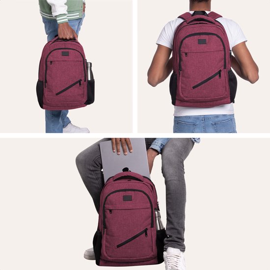 TRVLMORE Sac à dos à vie - Sac à dos avec compartiment pour ordinateur portable 17 pouces - Cartable - Résistant aux éclaboussures - Hommes et femmes - Garçons et filles - 36L - Bourgogne