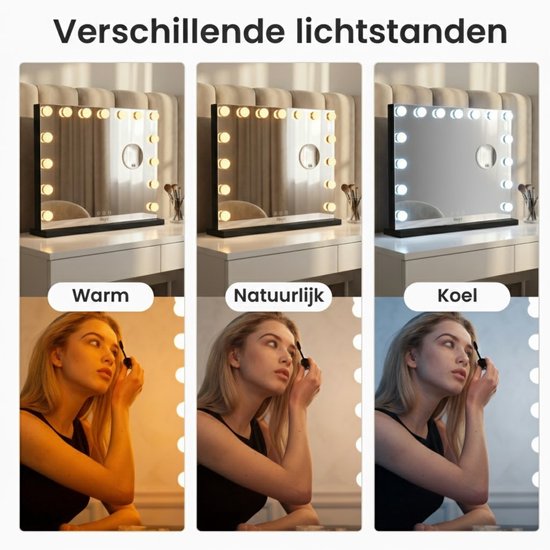 Bayt Hollywood Mirror with Lighting - Miroir de maquillage avec éclairage - Miroir avec éclairage - Dimmable - Grossissement 10x - 58x46cm - Noir