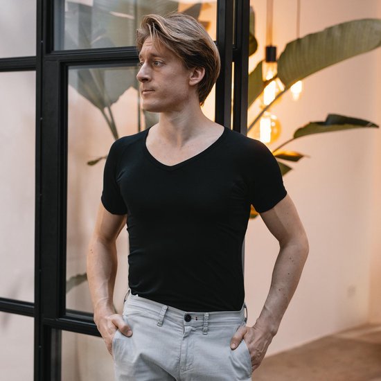 Anti Sweat Shirt - Fibershirts® - Coussinets d'aisselles cousus - Maillot de corps - Noir - Col en V - Hommes - Taille L