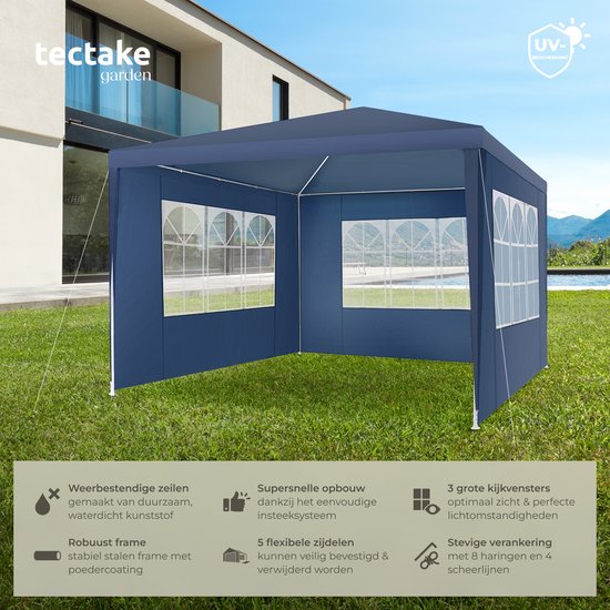 tectake® Pavillon - avec armature renforcée - Tente de réception 3x3 m - Bâche imperméable - Panneaux latéraux amovibles - Pavillon de jardin résistant aux intempéries - Lignes de tension et piquets inclus - Bleu - Tente pliante pop-up
